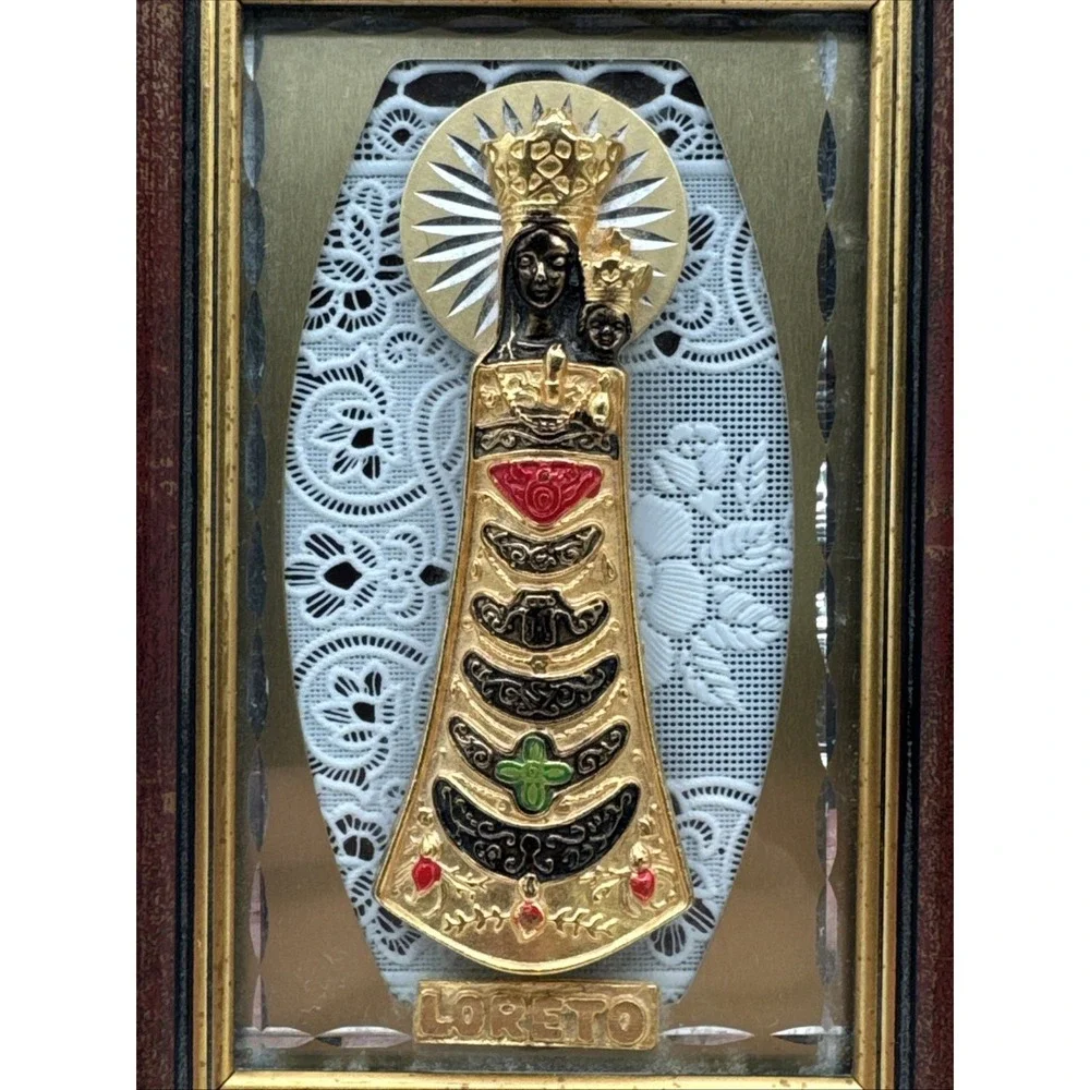 Golden Our Lady of Loreto Madonna & Child Framed Plaque Wall Desk Mount 6x4 VTG